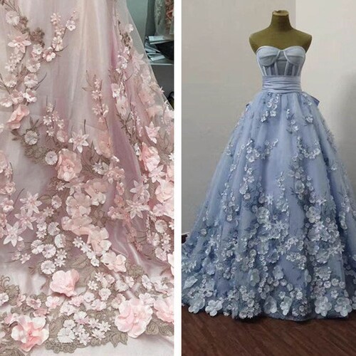 light pink 3D lace fabrics, light blue flowers Beaded Full Blossom Bridal 3D Lace Applique lace fabric for costume dress sewing accessories