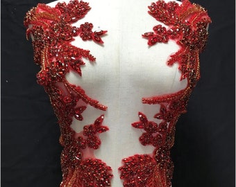 Deluxe Red Rhinestone Applique, Bridal Bodice beaded  floral motif Lace Applique, Crystal shoulder sash headpiece appliques