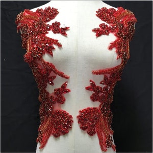 Deluxe Red Rhinestone Applique, Bridal Bodice beaded  floral motif Lace Applique, Crystal shoulder sash headpiece appliques