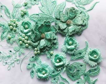 mint green 3D flowers Beaded lace fabrics, Bridal 3D Lace Applique lace fabric for costume dress sewing accessories