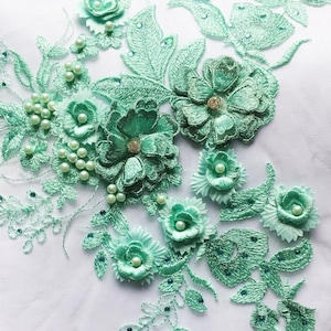 mint green 3D flowers Beaded lace fabrics, Bridal 3D Lace Applique lace fabric for costume dress sewing accessories