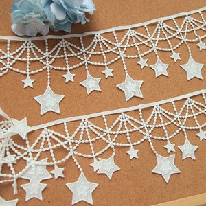 off white stars lace trim, stars floral mofit lace trimming, bridal lace fabric, star motif fringe tassel venise guipure lace edging