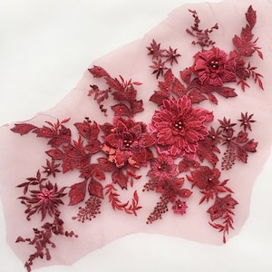 dark red 3D floral embroidered lace fabric appliques, retro floral motif 3D lace applique for wedding gown dress sewing