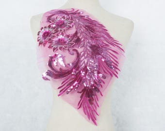 hot pink 3D lace applique, fuchsia pink embroidered sequins floral motif lace applique for wedding gown dress sewing DIY accessories