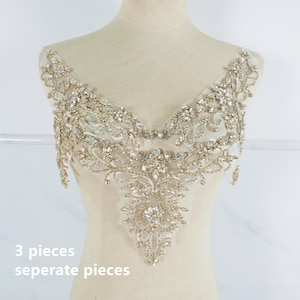 Apliques de strass dourados, apliques de renda em corpete com cristais prateados e decote em V, apliques de cristal com contas na gola do ombro, artesanato feito à mão