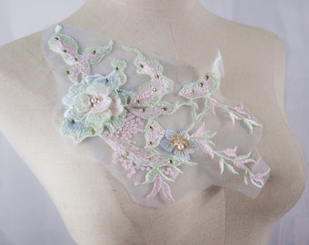 pastel pink 3D flowers lace appliques, embroidered floral patches for wedding costume gown dress sewing