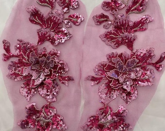 Applicazione in pizzo con paillettes 3D rosa shocking, applicazione in pizzo ricamato con paillettes multicolor per accessori da cucito fai da te