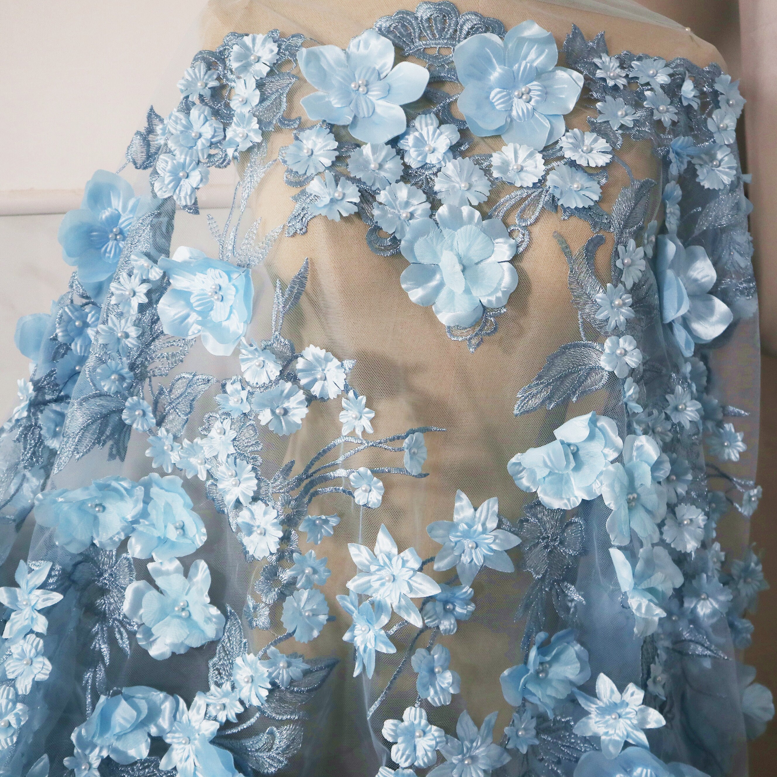 Light blue 3D floral lace fabric - 3D lace & embroidery - lace fabric from