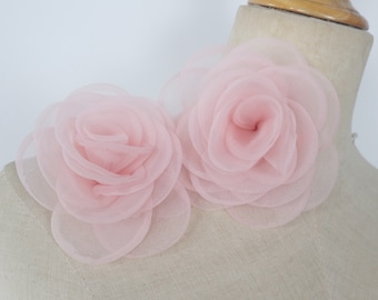pink 3D flowers lace appliques, organza fabric floral patches for wedding costume gown dress sewing