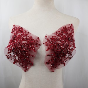 dark red beaded lace applique, burgundy 3D embroidered bridal applique for wedding gown 1 piece