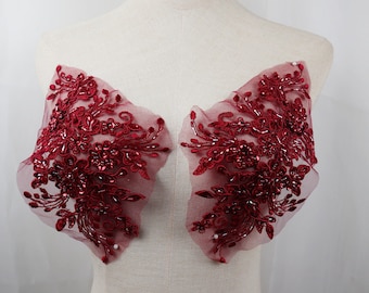 Applicazione in pizzo con perline rosso scuro, applicazione da sposa ricamata in 3D color bordeaux per abito da sposa, 1 pezzo