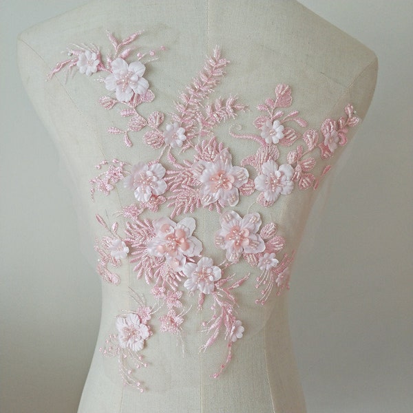 light pink 3D floral lace appliques, retro floral motif sequins embroidered 3D lace applique for wedding gown dress sewing DIY accessories