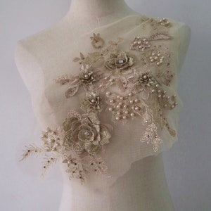 exquisite champagne gold 3D floral lace applique, mint green 3D embroidered beaded applique for wedding gown sewing accessories