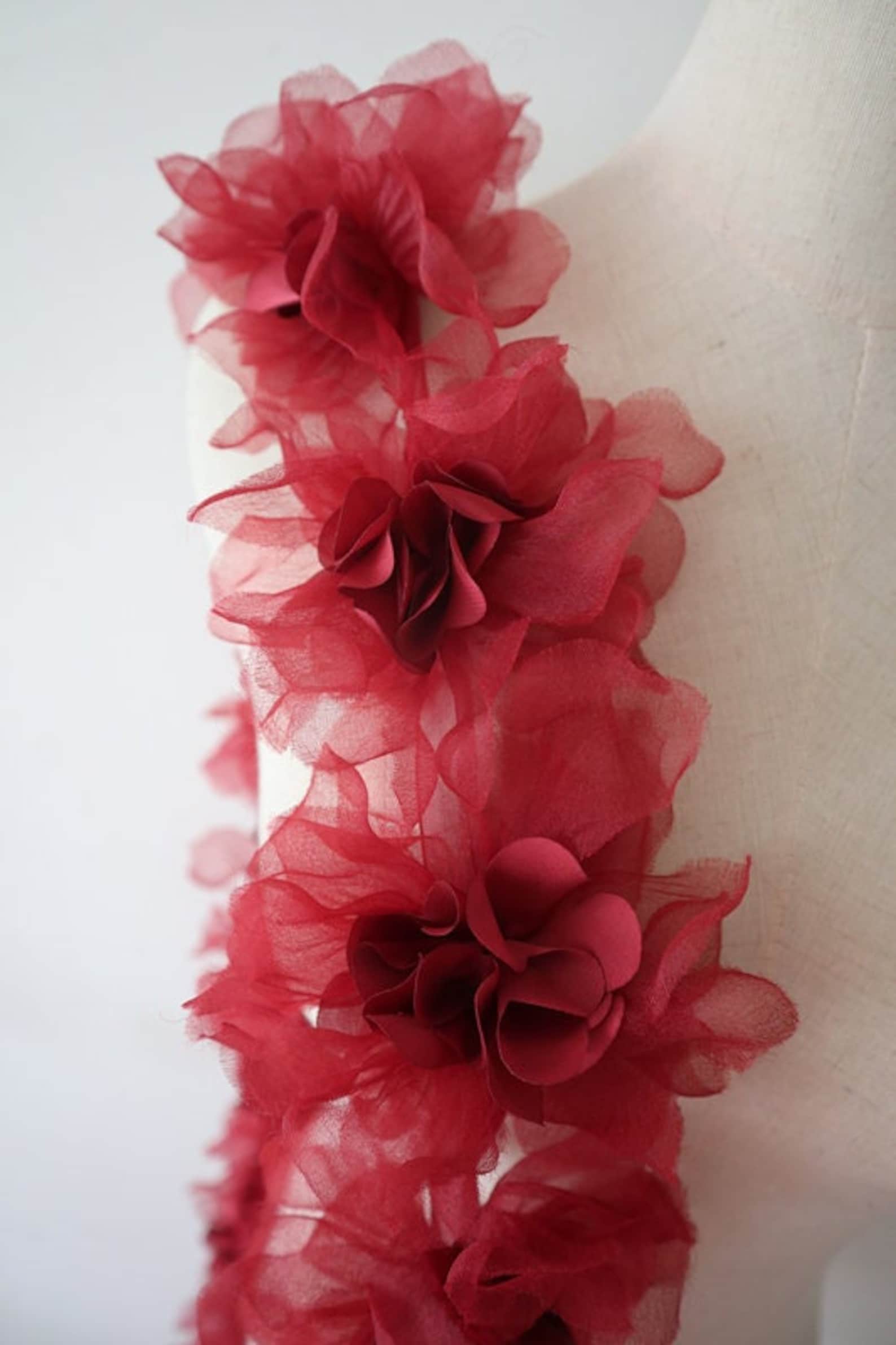 3D Dark Red Ruffled Fabric Trim, Wine Red Pink 3D Flowers Trimming ...