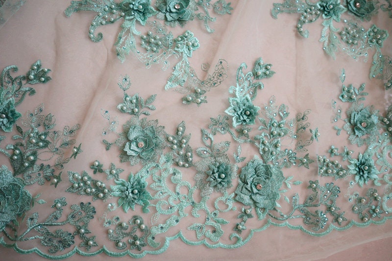 Mint green 3D flowers Beaded lace fabrics champagne gold | Etsy