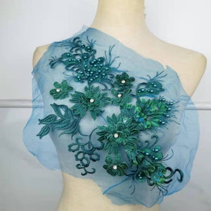 super quality emerald green 3D beaded lace applique, embroidered 3d flowers patch for dance costume dress applique pair