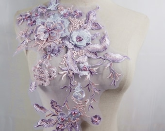 Applique in pizzo con fiori 3D viola lilla, toppe in pizzo ricamate 3D, tessuto da sposa, abbellimento da sposa