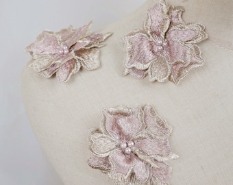 5 pezzi di applicazioni in pizzo con fiori 3D in oro rosa, toppe floreali ricamate in 3D per cucire abiti da sposa, 7 cm