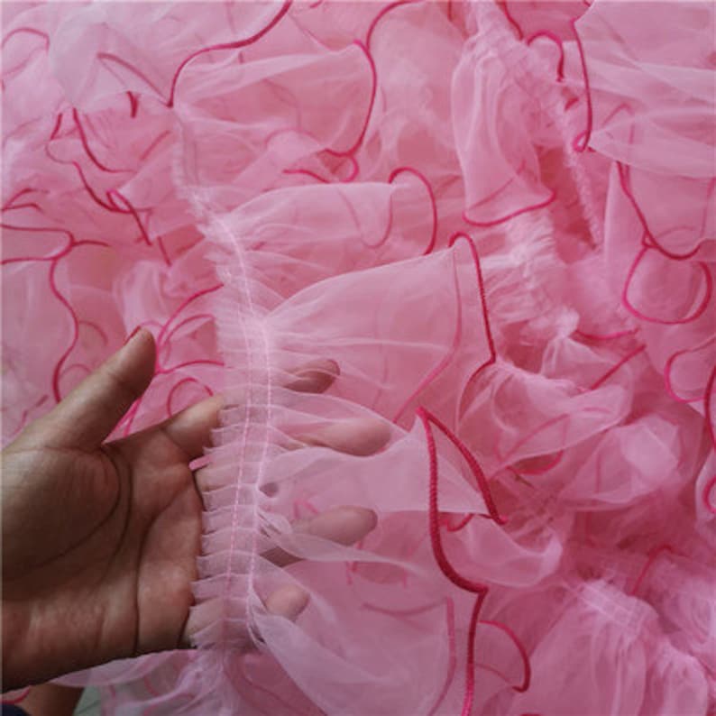 Pink 3D Ruffled Fabric Trim, Organza Ruffle Trim Mesh Fabric Trimming ...