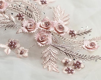 pink 3D lace fabric applique, dark red retro floral motif 3D lace applique patches for wedding gown dress sewing