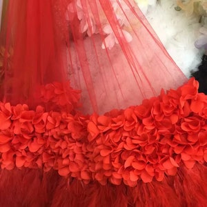 red 3D flowers lace fabric with feathe, single side 3D ruffled flower fabric for costume dress sewing accessories