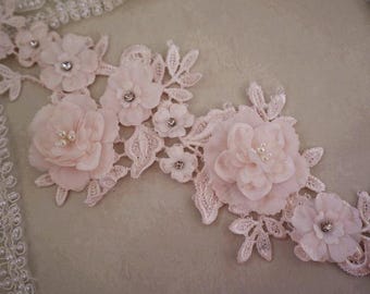 light pink 3D flower lace applique, nude pink bridal 3d floral  embroidered patches for wedding costume dance dress sewing
