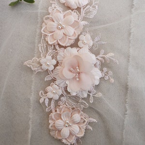 light pink 3D flowers embroidered lace applique, ivory white bridal 3d floral lace patches for wedding costume dance dress sewing