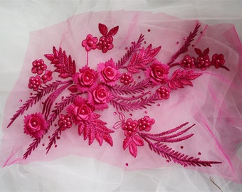 hot pink 3D floral embroidered lace fabric appliques, fuchsia retro floral motif 3D lace applique for wedding gown dress sewing