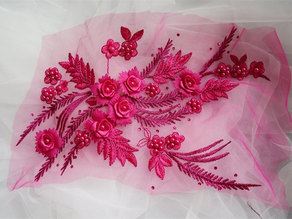 Hot Pink 3D Floral Embroidered Lace Fabric Appliques, Fuchsia Retro Floral  Motif 3D Lace Applique for Wedding Gown Dress Sewing - Etsy