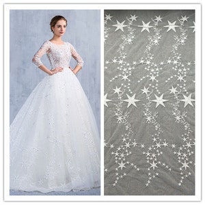 ivory white embroidered lace fabric, super bridal lace fabric,  stars motif lace fabric  for wedding gown dress sewing accessories