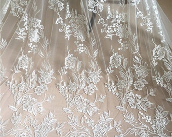 Fancy Floral Emrboidered Bridal Lace Fabric, Ivory white Couture Lace applique for Wedding Dress Bridal Gown Veils sewing accessories