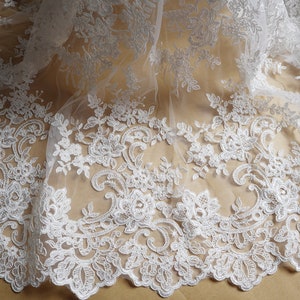 Tela de encaje nupcial blanco marfil, aplique de encaje de cordón bordado floral retro blanco grande, encaje Alencon vintage para vestido de novia