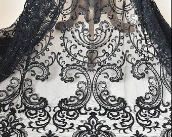 black embroidered beaded lace fabric, vintage motif heavy beaded black ivory white  lace fabric for wedding gowns  dress sewing accessories