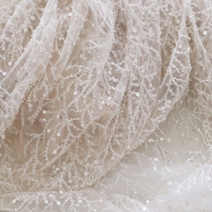 light champagne embroidered beaded lace fabric, heavy beaded lace fabric for wedding gowns dress sewing accessories
