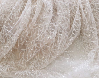 leichter champagnerfarbener perlenbestickter Spitzenstoff, schwerer perlenbesetzter Spitzenstoff für Hochzeitskleider, Kleid, Nähzubehör