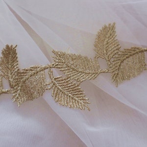 gold lace trim, leaf lace trimming, metallic gold leaves style lace edge trim, venise guipure wedding dress edging