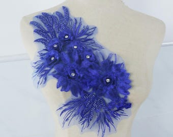 applicazione in pizzo con perline 3D blu reale, toppa con fiori ricamati per cucire abiti da ballo