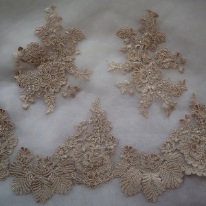 champagne cord embroidered lace applique, beige lace flowers appliques lace trim, scalloped cord floral motif alencon lace trim 12 cm wide