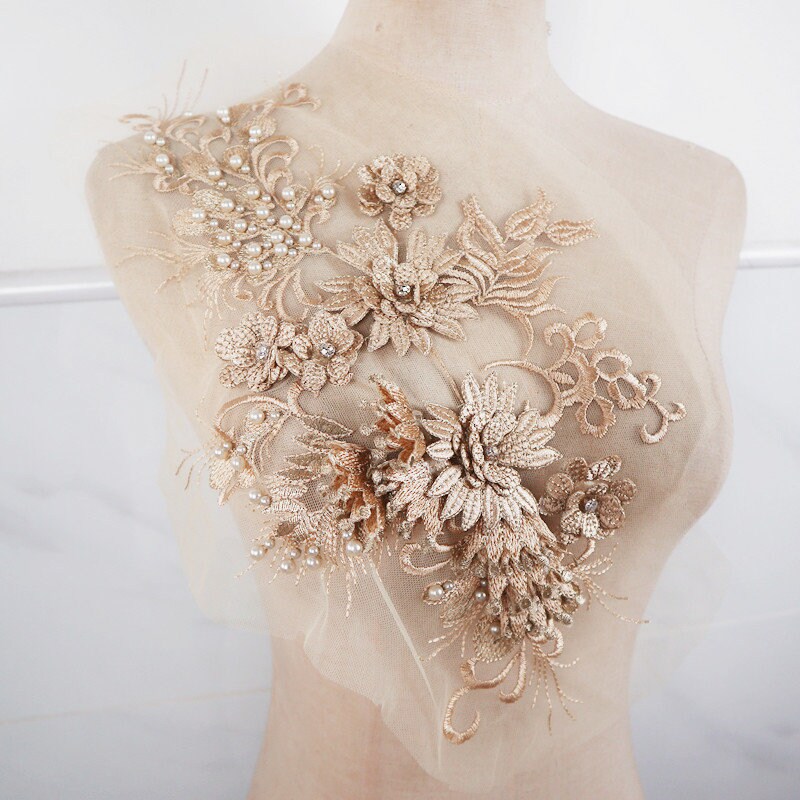 GORGECRAFT 2Pcs Gold Sequin Flower Lace Applique - 40x23cm Glitter Embroidered Patch For Dress DIY