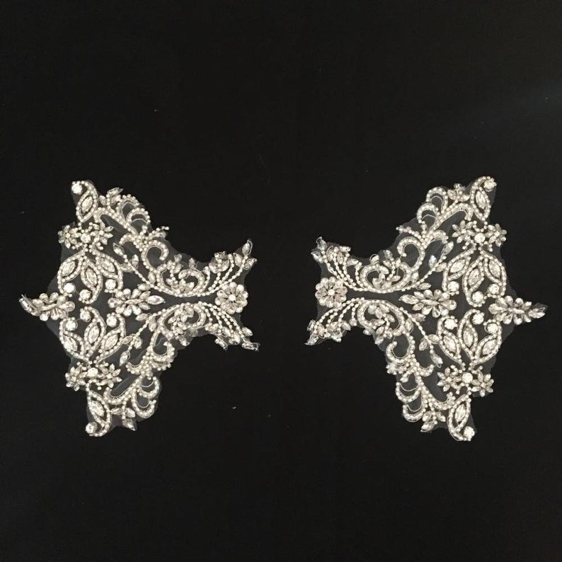 Rhinestone Beaded Applique Pair Bridal Lace Applique Silver Etsy