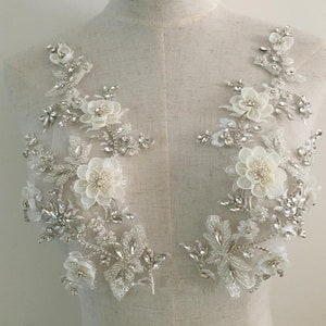 3D Rhinestone Beaded Applique pair, 3D flowers Bridal Bodice Lace Applique, Silver Crystal shoulder straps sash headpiece appliques