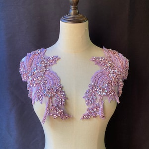 deluxe light purple Rhinestone Applique pair, Bridal Bodice beaded floral motif Lace Applique, Crystal shoulder sash headpiece new colors