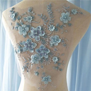 light blue 3D floral beaded lace applique, retro beads sequins embroidered lace applique for wedding gown dress sewing DIY accessories