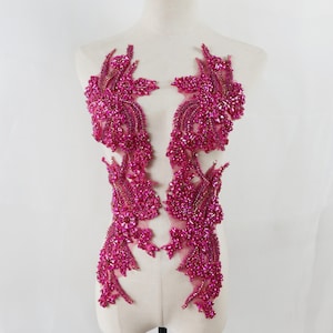 Exquisite hot pink Rhinestone Applique, Bridal Bodice beaded  floral motif Lace Applique, Crystal shoulder sash headpiece patches