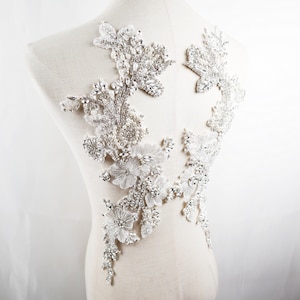 super silver white Rhinestone Applique, encrusted Crystal beaded floral motif Lace Bridal Bodice shoulder sash headpiece embellishment