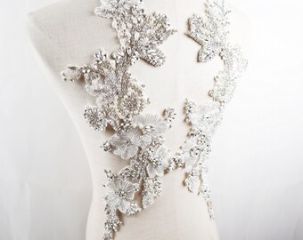 super silver white Rhinestone Applique, encrusted Crystal beaded floral motif Lace Bridal Bodice shoulder sash headpiece embellishment