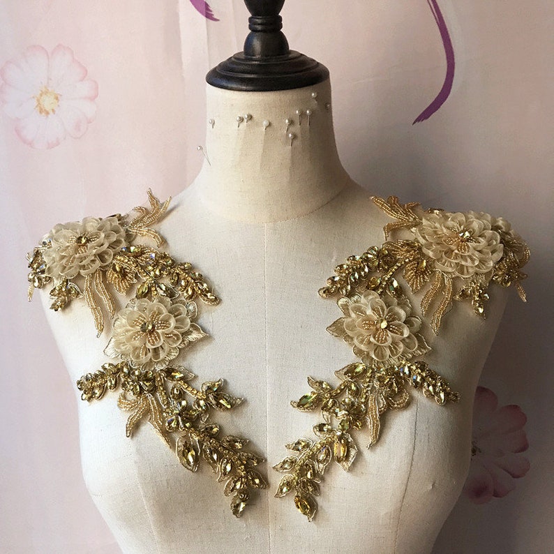 3D Gold Rhinestone Applique pair Bridal Bodice beaded Lace | Etsy