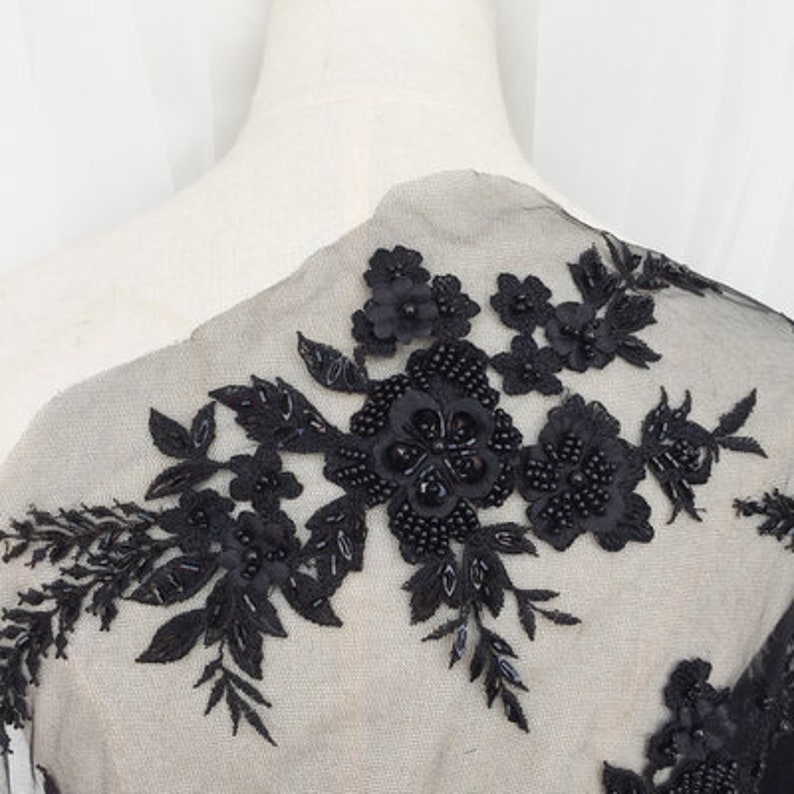 black beaded 3D floral lace appliques 
