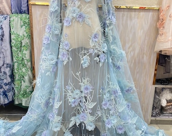 Tessuto di pizzo con fiori 3D, azzurro chiaro. Applicazione in pizzo 3D per abiti da sposa, accessori per cucito e decorazioni.