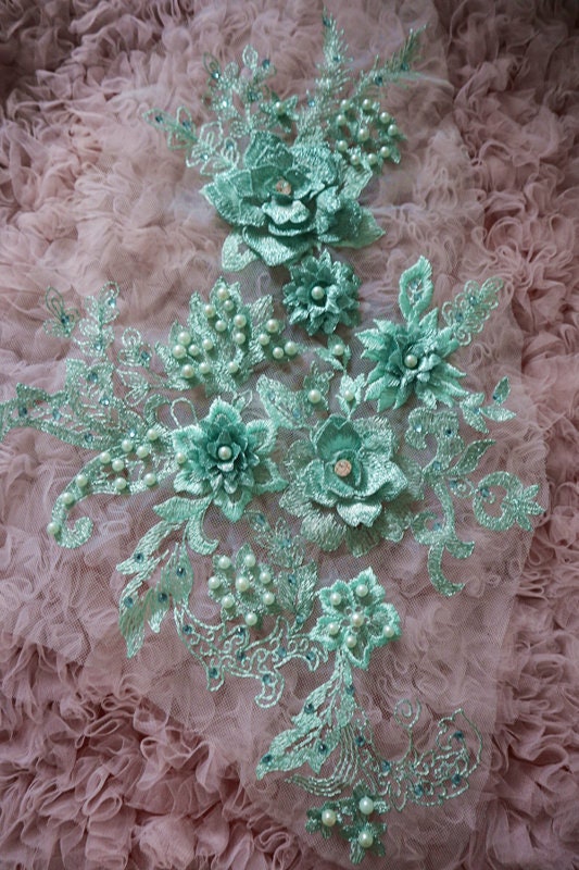 Exquisite champagne gold 3D floral lace applique mint green | Etsy